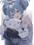 1girl aqua_bow aqua_hair aqua_necktie black_sleeves blue_eyes blue_theme bow ceng_yu_hui cinnamiku cinnamiku_hairstyle cinnamoroll commentary creature dated detached_sleeves dog ear_bow folded_twintails fuwa_fuwa_cinnamoroll grey_shirt hair_between_eyes hair_bow hair_ornament hatsune_miku highres holding holding_creature long_hair looking_at_viewer necktie number_tattoo open_mouth sanrio shirt signature simple_background smile tattoo tied_ears updo vocaloid white_dog 