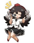  1girl :d bird_wings black_skirt black_wings blush chibi chibi_only commentary_request full_body hat highres notice_lines open_mouth pointy_ears pom_pom_(clothes) red_hat shameimaru_aya short_sleeves simple_background skirt smile solo thumbs_up tokin_hat touhou white_background wings yamabikoyahoo 