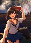  1girl 1other alternate_breast_size_(larger) alternate_costume bad_id bad_twitter_id bag blue_skirt breasts brown_eyes brown_hair cellphone check_translation cleavage commentary_request cowboy_shot fireworks highres holding holding_hands holding_phone i-401_(kancolle) ichikawa_feesu kantai_collection medium_breasts medium_hair midriff missing_commentary navel night orange_sailor_collar outdoors phone ponytail pov revision sailor_collar sailor_shirt school_uniform serafuku shirt skirt smartphone smile speech_bubble summer_uniform tan translation_request white_shirt 