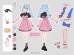  1girl :3 arm_warmers black_dress black_shoes blue_hair blush bow-shaped_hair brown_eyes closed_mouth color_guide colored_inner_hair commentary_request dollar_sign dress dummy_romance_(vocaloid) fingernails frilled_dress frills full_body gem grey_background grey_socks hair_ornament hassan_(sink916) hatsune_miku heart heart_necklace highres jewelry long_hair multicolored_hair multiple_views nail_polish necklace outline partial_commentary pink_arm_warmers pink_dress pink_gem pink_hair pink_nails reference_sheet ringlets shoes short_sleeves simple_background smile socks standing translation_request turnaround twintails vocaloid white_outline wispy_bangs 