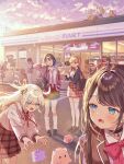  6+girls :d amayui_moka amayui_moka_(2nd_costume) animal_ear_headwear asumi_sena asumi_sena_(4th_costume) bag beret binoculars bird black_choker black_hair black_pantyhose black_shoes black_thighhighs blazer blonde_hair blue_eyes blue_hair blue_shirt blue_skirt blue_streaks blush bow bowtie brown_hair brown_jacket cardigan cattleya_regina_games choker closed_eyes cloud cloudy_sky collared_shirt colored_inner_hair commentary convenience_store evening fang from_behind grey_hair grey_jacket hair_bow hair_intakes hair_ribbon hairband hanabusa_lisa hanabusa_lisa_(5th_costume) hand_in_pocket hat highres holding holding_binoculars holding_phone hood hooded_jacket ichinose_uruha ichinose_uruha_(6th_costume) iris_black_games jacket kaga_nazuna kaga_nazuna_(2nd_costume) kaga_sumire kaga_sumire_(9th_costume) kisaragi_ren_(5th_costume)_(vspo!) kisaragi_ren_(vspo!) knees_up kogara_toto kogara_toto_(9th_costume) kurumi_noah kurumi_noah_(8th_costume) lapels lens_flare loafers long_hair long_sleeves loose_socks lupinus_virtual_games miniskirt mole mole_under_eye multicolored_hair multiple_girls neck_ribbon necktie nekota_tsuna nekota_tsuna_(4th_costume) on_rooftop one_eye_closed pantyhose phone pink_bow pink_bowtie pink_eyes pink_hair pink_jacket plaid_clothes plaid_skirt pleated_skirt pome_charo ponytail purple_necktie red_eyes red_hair red_ribbon ribbon road sailor_collar school_bag school_uniform sendo_yuuhi sendo_yuuhi_(1st_costume) shiranami_ramune shiranami_ramune_(2nd_costume) shirt shirt_tucked_in shoes shop short_hair short_sleeves sitting skin_fang skirt sky sleeves_past_wrists smile socks squatting streaked_hair street sweat sweater_vest tachibana_hinano tachibana_hinano_(school_uniform) thighhighs tosaki_mimi tosaki_mimi_(5th_costume) two_side_up virtual_youtuber vspo! white_hat white_shirt white_thighhighs yawning yellow_bird yellow_jacket 