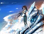  1girl absurdres beach black_hair black_pants boots commentary eiyuu_densetsu emilia_harring english_commentary excalibur_(eiyuu_densetsu) floating_hair highres jacket kai_no_kiseki kuro_no_kiseki_(series) long_hair mecha outdoors pants purple_eyes r_thors red_hair robot shirt solo standing white_boots white_jacket 