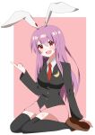  1girl :d animal_ears black_jacket black_thighhighs blazer blush border breasts brown_shoes buttons collared_shirt commentary crescent crescent_pin dot_nose full_body hair_between_eyes hand_up highres jacket lapels long_hair long_sidelocks long_sleeves looking_at_viewer medium_breasts necktie open_mouth outside_border pink_background pink_skirt pointing pointing_up purple_hair rabbit_ears rabbit_girl red_eyes red_necktie reisen_udongein_inaba shirt shoes sidelocks simple_background sitting skirt smile solo split_mouth suzuki_niboshi thighhighs touhou very_long_hair wariza white_border white_shirt 