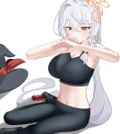  1girl alternate_costume armpits black_sports_bra blue_archive breasts brown_halo crossed_bangs eri_(blue_archive) halo hat highres large_breasts long_hair navel pants sabnak66 side_halo solo sports_bra sportswear sweat tilted_halo unworn_hat unworn_headwear white_background white_hair witch_hat yoga_pants 