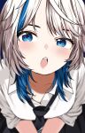  1girl :o absurdres black_necktie blue_eyes blue_hair blurry blush close-up collared_shirt commentary_request depth_of_field highres long_hair looking_at_viewer loose_necktie multicolored_hair necktie open_collar open_mouth original school_uniform shirt solo streaked_hair teeth upper_teeth_only white_hair white_shirt wolf_cut zono_(inokura_syuzo029) 
