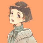  1girl brown_eyes brown_hair commentary_request eyelashes green_ribbon grey_jacket highres jacket kamogawa_akira neck_ribbon open_clothes open_jacket open_mouth orange_background original portrait ribbon short_hair simple_background smile solo teeth upper_teeth_only very_short_hair 