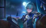  1boy a_ya_a_sha ahoge armor belt belt_collar black_belt black_gloves blue_cape blue_gloves blue_shirt cape choker coat collar collared_shirt couch crossed_bangs crossed_legs curtains double-parted_bangs earrings full_moon genshin_impact gloves green_hair hair_between_eyes hair_intakes highres jewelry lohen_(genshin_impact) long_sleeves looking_at_viewer male_focus mole mole_under_eye moon multicolored_eyes multicolored_gloves open_window pixiv_username shirt short_hair shoulder_armor single_earring sitting smile solo star_(sky) tree twitter_username two-tone_gloves window wing_collar 