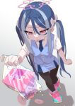  1girl absurdres accident bag black_pantyhose blue_archive blue_hair blue_necktie blue_shoes blue_skirt blue_vest check_commentary chromatic_aberration collared_shirt commentary_request crying donut dropped_food food from_above fubuki_(blue_archive) furrowed_brow grey_background halo highres holding holding_bag long_sidelocks mr.lazy multicolored_hair multicolored_shoes necktie no_jacket pantyhose pastry_box pencil_skirt pink_halo pink_shoes plastic_bag red_eyes shirt shoes short_sleeves sidelocks skirt sneakers solo tears twintails two-tone_hair two-tone_shoes vest white_shirt wing_collar 