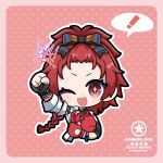  ! 1girl :d ;d animalization artist_logo bangs_pinned_back black_bow black_gloves bow braid chibi chibi_only chixia_(wuthering_waves) clenched_hand commentary_request dog-san fingerless_gloves gloves hair_bow highres holding logo looking_at_viewer medium_hair multicolored_hair one_eye_closed open_mouth red_eyes red_hair smile solo spoken_exclamation_mark streaked_hair wuthering_waves yinlin_(wuthering_waves) 