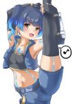  1girl absurdres armpits black_gloves blue_hair blue_shorts blue_vest blush body_markings breast_pocket brown_eyes commentary_request crop_top fiery_hair gloves glowing_lines glowing_markings highres looking_at_viewer musical_note navel open_clothes open_mouth open_vest otama_(otama_ladle23) pocket sena_(xenoblade) shorts side_ponytail simple_background smile solo split spoken_musical_note standing standing_on_one_leg standing_split v-shaped_eyebrows vest wavy_hair white_background xenoblade_chronicles_(series) xenoblade_chronicles_3 
