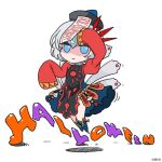  1girl alternate_costume bao_qingtian_(monster_strike) blue_eyes chibi closed_mouth crescent dress full_body grey_hair hair_ornament hair_tattoo jiangshi_costume jitome jumping monster_strike official_art ofuda red_dress short_hair skirt sleeves_past_wrists solo thighhighs white_background 