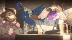  1other 2boys animal_print aqua_flower arm_up asgore_dreemurr berdly_(deltarune) bird_boy bird_print blonde_hair blue_feathers book brown_fur brown_hair ceiling closed_eyes collared_shirt commentary_request counter day deltarune feathers floral_print flower flower_shop frown glasses goat_boy green_flower green_shirt highres holding holding_book indoors kris_(deltarune) multiple_boys one_eye_closed orange_flower pink_shirt plant purple_flower shirt shop smile sunlight uri_(365mimimi) utdr_(toby_fox) vines white_fur white_shirt 