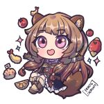  1girl :d absurdres animal_ear_fluff animal_ears apple armor artist_name black_dress boots breastplate brown_armor brown_boots brown_gloves brown_hair chibi collared_dress commentary dress elbow_gloves flat_chest floating food food_request franticcreativity fruit full_body gloves hair_tubes hands_up heart high_collar highres knee_boots layered_dress leather leather_armor leather_boots long_hair long_sleeves looking_at_viewer medium_dress metal_hair_tubes metal_wrist_cuffs neck_ribbon open_mouth orange_hair pink_eyes pinstripe_dress pinstripe_pattern raccoon_ears raccoon_girl raccoon_tail raphtalia red_dress red_ribbon ribbon shrimp shrimp_tempura simple_background sleeveless sleeveless_dress smile solo sparkling_eyes tail tanuki tate_no_yuusha_no_nariagari tempura two-tone_dress very_long_hair watermark white_background white_dress 
