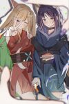  3girls animal_ears birthday_cake black_choker blue_hoodie blue_kimono blush brown_eyes brown_hair cake cho_kaguya-hime! choker commentary confetti crescent crescent_hair_ornament female_pov finger_frame food forehead_jewel fox_ears fox_girl fox_tail green_eyes hair_ornament highres holding_hands hood hood_down hoodie japanese_clothes kaguya_(cho_kaguya-hime!) kaguya_(tsukuyomi)_(cho_kaguya-hime!) kimono long_hair medium_hair multiple_girls one_eye_closed open_mouth pov purple_hair rabbit_ears rabbit_girl red_kimono runami_yachiyo sakayori_iroha sakayori_iroha_(tsukuyomi) tail touka127430 v 