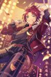  1boy absurdres arm_up bad_id bad_pixiv_id bangs_pinned_back belt_buckle buckle chain commentary_request confetti cowboy_shot curtained_hair dated ensemble_stars! feature_scout_2_(ensemble_stars!) green_eyes grin hair_ornament hairclip hand_up headset highres holding holding_microphone index_finger_raised isara_mao jacket jewelry layered_clothes layered_sleeves long_sleeves looking_at_another male_focus microphone necklace official_alternate_costume open_clothes open_jacket pants partial_commentary plaid_clothes plaid_pants red_hair reijiro short_hair smile solo star_(symbol) sweat 