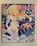  1girl alternate_costume back blonde_hair blush bow bride closed_mouth commentary_request crystal crystal_wings dress elbow_gloves flandre_scarlet flower gloves hair_bow hair_flower hair_ornament highres looking_at_viewer multicolored_wings one_side_up photo_(medium) pink_flower pink_rose q_sakura red_bow red_eyes rose shikishi smile solo strapless strapless_dress touhou traditional_media twitter_username wedding_dress white_gloves wings 