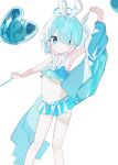  1girl arm_up armpits arona_(blue_archive) balloon bikini bikini_skirt blue_archive blue_bikini blue_eyes blue_hair blue_halo blush bow bow_hairband choker closed_mouth colored_inner_hair feet_out_of_frame frilled_bikini frills hair_over_one_eye hairband halo heart heart_balloon holding looking_at_viewer mamyu_040 multicolored_hair navel pink_hair ribbon short_hair simple_background skirt smile solo swimsuit two-tone_hair white_background white_bow white_choker white_hairband white_ribbon 