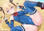  1girl bare_shoulders beach black_bow black_ribbon black_shoes blonde_hair blue_eyes blue_leotard blue_thighhighs blush bow bowtie breasts censored clenched_hands closed_mouth clothing_aside commentary_request commission day dead_or_alive dutch_angle feet_out_of_frame frilled_leotard frilled_thighhighs frills furrowed_brow gloves groin hair_between_eyes hair_bow hair_ornament hair_ribbon hair_spread_out hands_up highleg highleg_leotard highres hiiragisensei impossible_clothes impossible_leotard leotard leotard_aside long_hair looking_at_viewer lying m_legs marie_rose marie_rose_(devilish_servant_against_the_splashing_waves) medium_breasts mosaic_censoring multicolored_gloves nose_blush on_back outdoors red_bow red_bowtie ribbon shoes sidelocks skeb_commission smile solo spread_legs thighhighs thighs twintails variant_set very_long_hair w_arms x_hair_ornament 