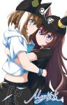  2girls absurdres animal_ears baseball_cap black_hat black_shorts blue_eyes blue_shirt blush boc'z_(umamusume) breasts brown_hair cheval_grand_(boc'z_we\n)_(umamusume) cheval_grand_(umamusume) closed_mouth commentary_request ears_through_headwear ears_under_headwear hat highres hood hooded_jacket horse_ears horse_girl horse_tail hug jacket long_hair matty_(matsutomo) midriff multicolored_hair multiple_girls multiple_wristbands official_alternate_costume official_alternate_hairstyle open_clothes open_jacket shirt short_sleeves shorts streaked_hair tail umamusume v_sisters vivlos_(boc'z_we\n)_(umamusume) vivlos_(umamusume) white_jacket 