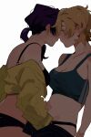  2girls alternate_breast_size_(larger) alternate_hairstyle arm_at_side armpit_crease bad_id bad_twitter_id bare_arms bare_shoulders black_bra black_panties black_shorts black_sports_bra blonde_hair blush bra breasts cleavage clothes_pull collarbone commentary covered_eyes daiba_nana english_commentary from_side green_eyes heads_together highres hoshimi_junna jacket jacket_partially_removed large_breasts leaning_back leaning_forward long_hair looking_at_another lossy-lossless medium_breasts midriff multiple_girls navel no_mouth no_sclera panties parted_bangs purple_hair short_hair shorts shorts_pull shoujo_kageki_revue_starlight sports_bra sweat uikaposting underwear undressing_another white_background yellow_jacket yuri 