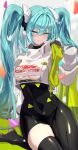  1girl aqua_eyes aqua_hair asymmetrical_bodysuit black_bodysuit black_gloves blush bodysuit breasts commentary_request confetti covered_navel cropped_jacket gloves goodsmile_company goodsmile_racing green_gloves hair_between_eyes hatsune_miku highres jacket long_hair long_sleeves looking_at_viewer medium_breasts multicolored_gloves open_mouth parted_lips race_queen racing_miku racing_miku_(2022) revision single_leg_bodysuit single_thighhigh smile solo teasan thighhighs twintails two-tone_gloves underboob very_long_hair vocaloid white_jacket 