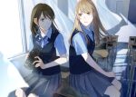  2girls arimura_hajime black_hair brown_eyes brown_hair buttons camcorder camera classroom closed_mouth collared_shirt commentary_request curtains finder-goshi_no_ano_ko floating_curtains floating_hair holding holding_camera ichinose_kei_(finder-goshi_no_ano_ko) indoors kabocha_(kabocha0726) long_hair long_sleeves looking_at_another multiple_girls official_art open_collar parted_lips pleated_skirt school_uniform shirt short_sleeves sitting skirt smile table vest video_camera window wing_collar 