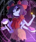  1girl :3 absurdres arthropod_girl black_eyes black_pantyhose bodysuit bow coin colored_skin commentary conyd cowboy_shot cup donut english_commentary extra_arms extra_eyes fangs fangs_out food hair_bow hand_on_own_hip highres holding holding_cup holding_plate holding_teapot looking_at_viewer medium_hair monster_girl muffet one_eye_closed pantyhose pink_bodysuit plate puffy_short_sleeves puffy_sleeves purple_background purple_hair purple_skin red_bow red_shirt shirt short_sleeves short_twintails silk smile solo spider_girl spider_web teapot twintails undertale utdr_(toby_fox) 
