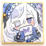  1girl bare_shoulders bikini black_ribbon blue_dress blue_hairband bow chibi dress dress_bow frilled_dress frilled_hairband frilled_sleeves frills gold_bikini gothic_lolita hair_over_one_eye hair_ribbon hairband holding holding_sketchbook lolita_fashion lolita_hairband long_hair long_sleeves looking_at_viewer mahou_shoujo_no_majo_saiban natsume_an-an noa_rei off-shoulder_dress off_shoulder photo_(medium) purple_background purple_eyes ribbon see-through_hair shikishi sketchbook sleeve_bow sleeves_past_fingers sleeves_past_wrists solo swimsuit traditional_media upper_body white_hair wide_sleeves 