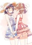  ! !! 2girls ^_^ aqua_eyes bare_arms bare_legs bare_shoulders blue_dress blue_hair blush border brown_hair brown_hat closed_eyes closed_mouth commentary cowboy_shot delicious_party_precure dress face-to-face floral_print flustered frilled_shirt frills from_side frown fuwa_kokone hair_between_eyes hair_ornament hair_scrunchie hairclip happy hat heart highres holding_hands jacket leg_up medium_hair miniskirt multiple_girls nagomi_yui open_clothes open_jacket open_mouth orange_background outside_border pink_scrunchie pink_shirt pink_skirt plaid_clothes plaid_skirt pleated_dress pleated_skirt pointy_nose precure print_dress scrunchie see-through_clothes see-through_jacket shirt short_dress short_hair skirt sleeveless sleeveless_dress sleeveless_shirt smile speech_bubble spoken_exclamation_mark spoken_heart standing starfish_hair_ornament strap sun_hat sundress twintails untranslatable_commentary watch white_border white_jacket wristwatch yairon0315 yuri 