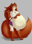  belly big_belly big_breasts breasts brown_eyes brown_hair cleavage clothed clothing female hair hand_on_stomach navel post_vore pyxxyl skimpy skirt smile solo sweater vore 