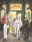  4girls alternate_costume animal_ears bag black_boots blonde_hair blue_hair boots brown_coat christmas christmas_tree closed_eyes coat commentary_request double_bun dress elf fox_ears fox_girl full_body grey_hair grey_sweater hair_bun hair_ornament high_heel_boots high_heels highres holding holding_bag hololive jacket lion_ears lion_girl long_hair momosuzu_nene multiple_girls nepolabo omaru_polka outdoors pants platform_boots pointy_ears red_coat shishiro_botan shop shopping_bag smile snowing sweater tauyoshi728 virtual_youtuber walking white_boots white_coat white_dress white_pants white_sweater yukihana_lamy 