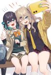  ! !! 2girls :d ;d arm_around_shoulder arm_up bag black_hair black_shirt blonde_hair blue_eyes blue_hair blue_nails blush bow bowtie cardigan choker collarbone collared_shirt colored_inner_hair feet_out_of_frame fingernails hair_between_eyes hair_bow hand_up highres holding holding_phone jacket kanpa_(campagne_9) kasukabe_tsumugi leg_warmers long_fingernails long_hair long_sleeves medium_hair miyamai_moca mole mole_under_eye multicolored_hair multiple_girls necktie nervous_smile on_bench one_eye_closed one_side_up open_cardigan open_clothes orange_bow orange_bowtie phone school_bag selfie shirt signature sitting skirt smile sweatdrop thighs voicepeak voicevox white_background white_leg_warmers yellow_cardigan yellow_necktie 