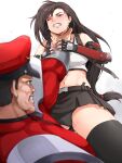  1boy 1girl black_panties black_skirt black_thighhighs blood blood_from_forehead breasts brown_hair clenched_teeth commentary_request crop_top english_commentary final_fantasy final_fantasy_vii final_fantasy_vii_remake grin highres long_hair m._bison medium_breasts midriff miniskirt mixed-language_commentary mixed-sex_combat muscular muscular_male one_eye_closed panties red_eyes ryona shirt skirt smile sports_bra strangling street_fighter street_fighter_6 tearing_up teeth thighhighs tifa_lockhart tuzi717 underwear white_shirt 