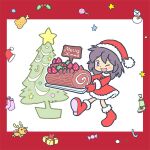  1girl :d ;d blush_stickers boots border brown_hair chibi christmas christmas_ornaments christmas_tree commentary_request dress fur-trimmed_boots fur-trimmed_dress fur-trimmed_headwear fur-trimmed_sleeves fur_trim gloves hat holding kabiinyo_(kab) long_hair long_sleeves one_eye_closed original purple_eyes red_boots red_border red_dress red_gloves red_hat santa_costume santa_hat shoe_soles smile solo walking white_background yule_log_(cake) 
