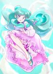  1girl absurdres blue_hair bow commentary_request double_bun hair_bow hair_bun high_heels highres long_hair long_skirt looking_at_viewer mkh_xde purple_eyes purple_skirt ranma_1/2 shampoo_(ranma_1/2) skirt smile 