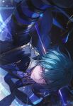  1boy a_maru absurdres armor artist_name attacking_viewer belt belt_collar black_belt black_gloves blue_cape blue_shirt cape choker coat collar collared_shirt commentary_request crossed_bangs double-parted_bangs genshin_impact gloves green_hair grin hair_between_eyes hair_intakes highres holding holding_behind_back holding_polearm holding_polearm_behind_back holding_weapon holding_weapon_behind_back lohen_(genshin_impact) long_sleeves looking_at_viewer male_focus mole mole_under_eye multicolored_eyes polearm shirt short_hair shoulder_armor smile solo upper_body weapon 