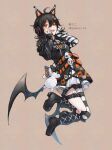  1girl ahoge animal_ear_headphones animal_ears arm_belt artist_collaboration artist_name asymmetrical_legwear asymmetrical_sleeves bandaid bandaid_on_leg bat_wings belt black_choker black_hair black_nails black_shoes black_sweater cat_ear_headphones cat_ears choker commentary_request cross-laced_clothes cross-laced_dress dress eyeball_hair_ornament fake_animal_ears full_body gamo_tako hands_on_own_face headphones highres layered_dress leg_belt long_sleeves looking_at_viewer loose_socks mahou_shoujo_no_majo_saiban multicolored_hair nail_polish open_mouth orange_background orange_eyes orange_nails orange_streaks sawatari_coco shirt shoes short_hair signature simple_background single_thighhigh skirt skull slit_pupils socks solo streaked_hair striped_clothes striped_sleeves striped_thighhighs stuffed_animal stuffed_cat stuffed_toy sweater teeth thighhighs twitter_username upper_teeth_only white_skirt wings 