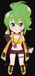  1girl :3 absurdres belt black_background black_outline boots bracelet brown_belt brown_shorts brown_sleeves chibi chibi_only closed_mouth coat commentary english_commentary full_body green_eyes green_hair headphones highres holding holding_microphone inkorii jewelry merchandise_available microphone navel_piercing necklace outline piercing ponytail shorts solo sonika sonika_(e-capsule) sports_bra star_(symbol) star_necklace thigh_strap vocaloid yellow_boots yellow_coat yellow_sports_bra 