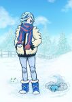  1boy blue_boots blue_eyes blue_hair blue_pants blue_scarf blue_sky boots commentary_request covered_mouth day grusha_(pokemon) hands_in_pockets highres male_focus nemimin outdoors pants pokemon pokemon_(creature) pokemon_scarlet_and_violet red_scarf scarf sky snow solo standing swablu trap winter 