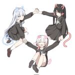  3girls animal_ears black_hair black_sailor_collar black_serafuku black_shirt black_shoes black_skirt brown_shoes cat_ears closed_eyes colored_eyelashes commentary dog_ears drawn_ears drawn_tail drawn_whiskers gradient_hair heart highres holding_hands interlocked_fingers long_hair long_sleeves mahou_shoujo_no_majo_saiban multicolored_hair multiple_girls neckerchief nikaido_hiro open_mouth panties pantyshot pink_hair pleated_skirt red_eyes sailor_collar sakuraba_ema school_uniform serafuku shirt shoes short_hair simple_background sitting skirt smile spoilers tsukishiro_yuki underwear untranslatable_commentary very_long_hair white_background white_eyelashes white_eyes white_hair white_neckerchief white_panties ynin521893 yuri 