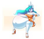  anthro anthrofied belly big_belly blue_hair breasts cleavage clothed clothing cuprumrus equine friendship_is_magic hair high_heals horn mammal my_little_pony navel obese overweight partially_clothed princess_celestia_(mlp) royalty smile torn_clothing unicorn weight_gain white_skin 