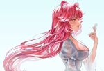  1girl absurdres animal_ears blush breasts bug butterfly butterfly_on_hand choker cleavage collarbone commentary dress eyelashes eyeshadow fang fangs fingernails from_side hair_intakes highres hololive hololive_english large_breasts long_hair long_sleeves makeup marisabelle nose open_mouth panther_ears panther_girl pink_eyeshadow pink_hair pink_lips raora_panthera simple_background smile solo teeth twitter_username upper_teeth_only virtual_youtuber white_butterfly white_choker white_dress yellow_eyes 