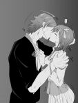  1boy 1girl ahoge amagase_touma amami_haruka closed_eyes commentary_request from_side greyscale hand_on_another's_shoulder hetero highres idolmaster idolmaster_(classic) idolmaster_side-m jacket kiss monochrome pinnmoku profile short_hair standing 