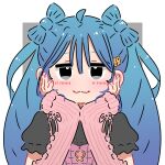  1girl :3 absurdres ahoge arm_warmers black_shirt blue_hair blush border bow-shaped_hair closed_mouth commentary_request dollar_sign dummy_romance_(vocaloid) fingernails grey_background grey_eyes hair_ornament hands_on_own_face hands_up hatsune_miku head_on_hands head_rest heart heart_necklace highres jewelry long_hair looking_at_viewer nail_polish necklace outside_border partial_commentary pink_arm_warmers pink_nails rennkurusu shirt short_sleeves simple_background smile solo straight-on unmoving_pattern upper_body vocaloid white_border wispy_bangs 