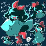  ! 1girl aqua_(deltarune) aqua_skin colored_skin commentary covered_eyes deltarune fang hair_wings head_bow highres multiple_views musical_note nenekura913 one-eyed solo speech_bubble spoken_musical_note translation_request utdr_(toby_fox) 