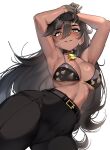  1girl arms_up bell bikini black_gloves black_hair blush breasts choker commentary_request dark-skinned_female dark_skin designori earrings gloves highres hoop_earrings horns jewelry korean_commentary large_breasts long_hair looking_at_viewer pants single_horn slit_pupils smile snorky_(trickcal) solo swimsuit trickcal yellow_eyes 
