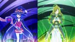  2girls ahoge aura bandaged_leg bandages black_choker black_gloves black_thighhighs breasts brown_cape brown_hair brown_hat cape casting_spell choker closed_eyes collage cowboy_shot dress eyepatch fingerless_gloves gambeson game_asset gloves green_background hair_over_one_eye hands_up hat high_collar highres holding holding_staff hood hood_down hooded_robe kono_subarashii_sekai_ni_shukufuku_wo! kono_subarashii_sekai_ni_shukufuku_wo!_kono_yokubukai_game_ni_shinpan_o! large_breasts long_hair long_sleeves megumin multiple_girls official_art open_mouth purple_background purple_dress purple_robe red_dress robe short_hair_with_long_locks single_thighhigh small_breasts staff standing thighhighs variant_set wavy_hair witch_hat wiz_(konosuba) 