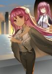  >:) 2girls absurdres aikawa_megumi aikawa_megumi_(twilight_maturation) black_necktie black_pants black_suit closed_eyes closed_mouth commentary double_bun hair_bun heaven_burns_red highres kr_woyue kunimi_tama kunimi_tama_(twilight_memories) long_hair multiple_girls necktie official_alternate_costume outdoors pants pink_eyes pink_hair role_reversal shirt smile smug suit sunset thumbs_up u_u untranslatable_commentary v-shaped_eyebrows white_shirt 