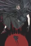  1boy black_hair fate/grand_order fate_(series) full_body gloves hakama half_updo highres japanese_clothes kimono kondou_isami_(fate) long_hair male_focus mask midair sohi solo unworn_mask 