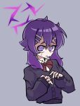  1girl 3: @_@ absurdres black_jacket blue_archive bow closed_mouth collared_shirt commentary_request cropped_torso eyelashes grey_background hair_between_eyes hair_ornament hairclip halo haruka_(blue_archive) highres jacket korean_commentary long_hair mulsae nervous_sweating purple_eyes purple_halo red_bow shirt simple_background solo sweat white_shirt 